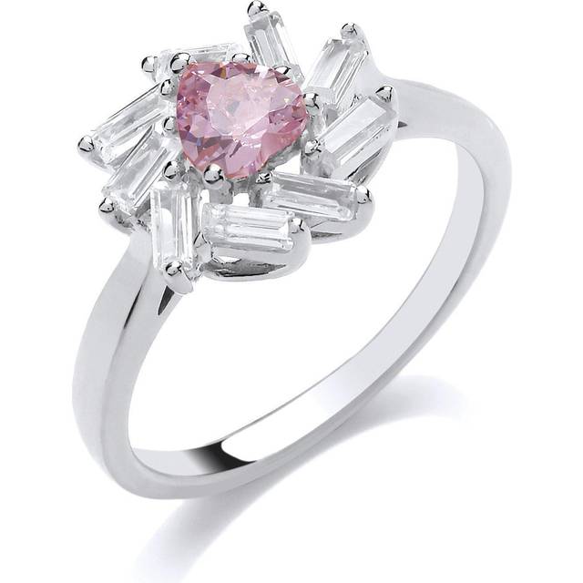 (N) Jewelco London Ladies Rhodium Plated Sterling Silver Pink Baguette Cubic Zirconia Sunburst Love Heart Cluster Ring