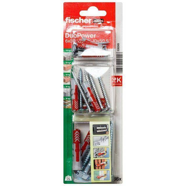 Fischer Duopower Nylon Wall Plug - Mixed Pack of 18 - Red & Grey
