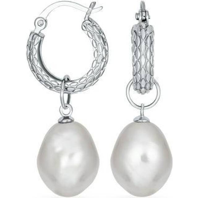 Elegant Sterling Silver Bridal Simple White Freshwater Raised Baroque Pearl Tear Mini Hope Huggie Dangle Earrings 2 Ways to Wear Wedding June