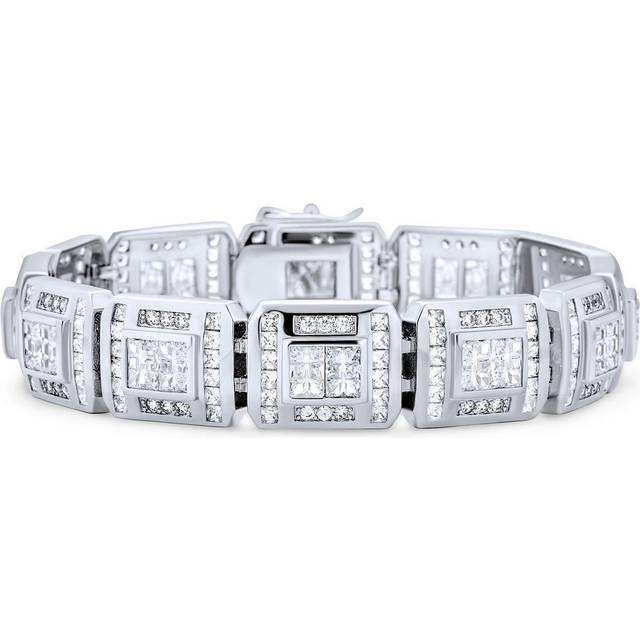 Mens Ice Heavy Bling Hip Hop Rapper Statement AAA CZ Invisible Cut Cubic Zirconia Large Square Link Bracelet Silver Plated