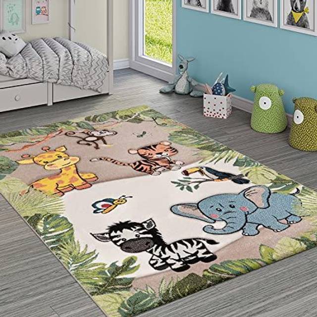 Paco Home Barnmatta Matta Barnrum Djungel Djur Giraff Lejon Apa Zebra Beige Creme, Storlek:160x230 cm