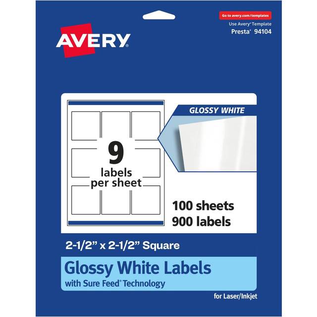 "Avery Glossy White Square Labels with Sure Feed  2.5"""""""" x 2.5""""""""  900 Glossy White Labels  Permanent Label Adhesive  Laser/Inkjet Printable Labels"
