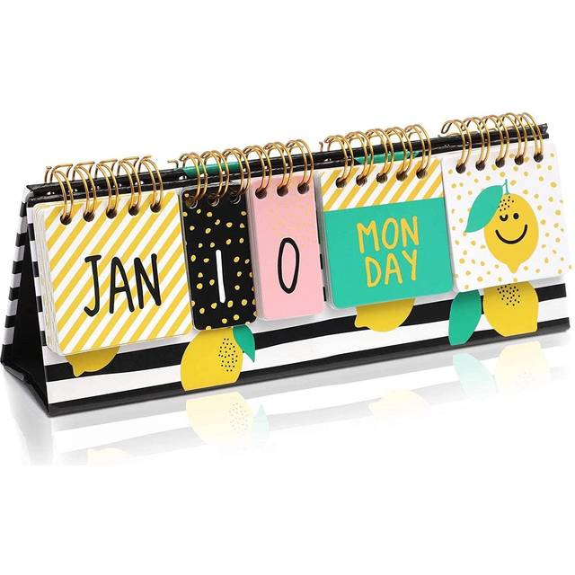 Paper Junkie Lemon Perpetual Flip Calendar for Office Desktop  Classroom Supplies  Desk Calendar with Day  Date  and Month Display for Planning  Home