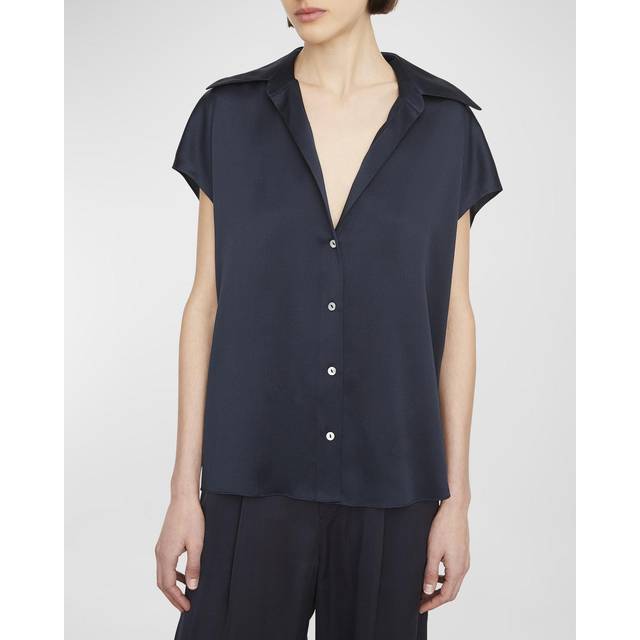 Cap-Sleeve Ruched-Back Silk Blouse - COASTAL - Small