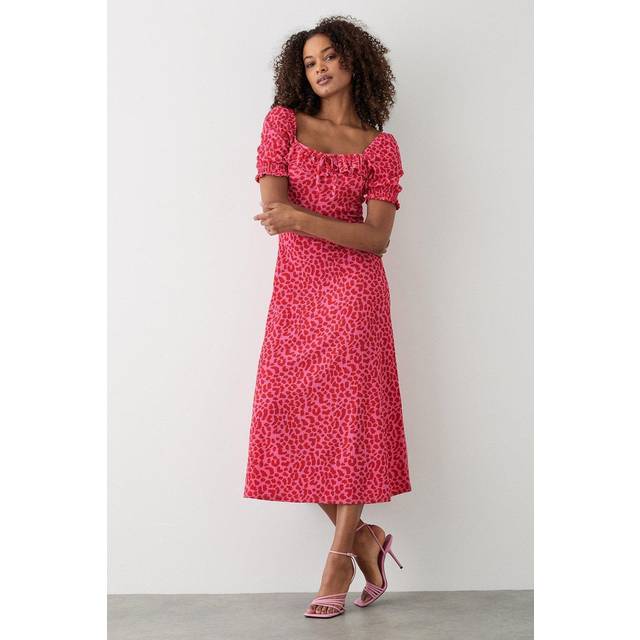 Womens Pink Animal Square Neck Frill Midi Dress - 16