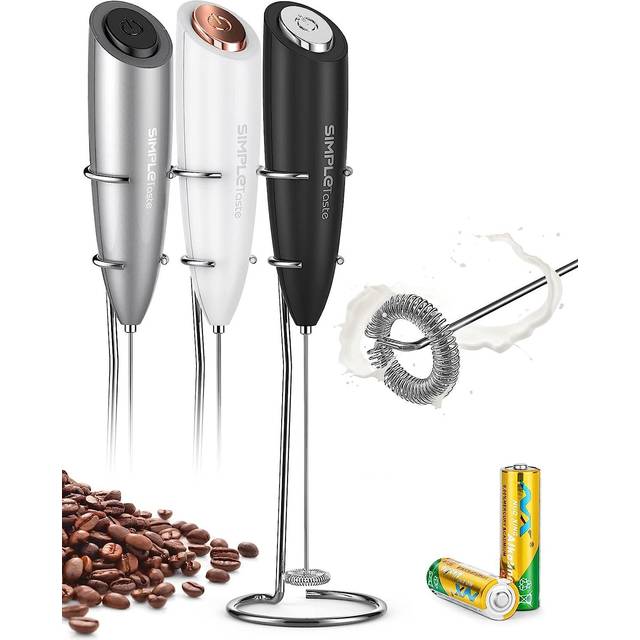 SIMPLETaste Milk Frother Handheld Battery Operated Electric Foam Maker, Drink Mixer with Stainless Steel Whisk and Stand
