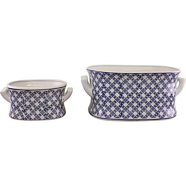 Set of 2 Ceramic Footbath Planters, Vintage Blue & White Geometric Design