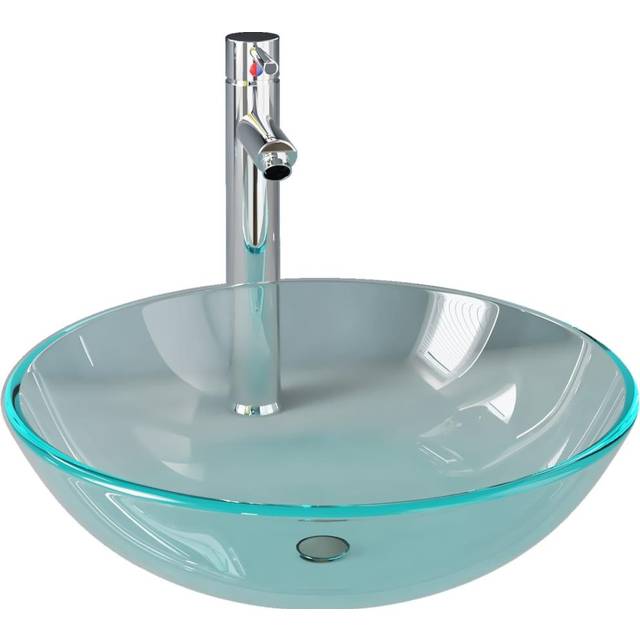 vidaXL Bathroom Sink with Tap and Push Drain Clear Tempered Glass - Transparent