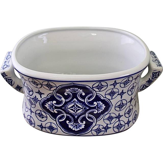 Set of 2 Ceramic Footbath Planters, Vintage Blue & White Circular Design
