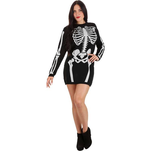 Skeleton Women's Sweater Dress | Halloween Sweaters - Black&#47;White (L)