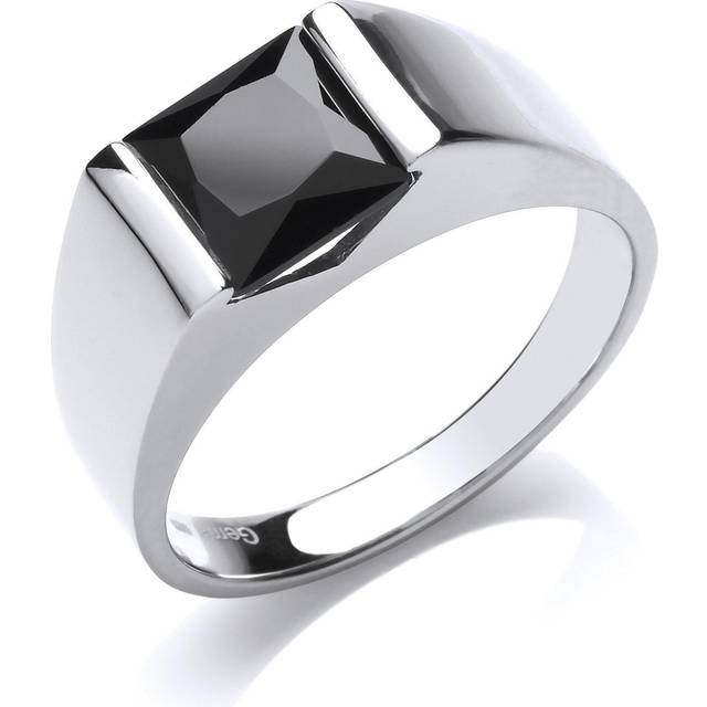(X) Jewelco London Mens Rhodium Plated Sterling Silver Black Square Onyx Bar Set Square Solitaire Signet Ring