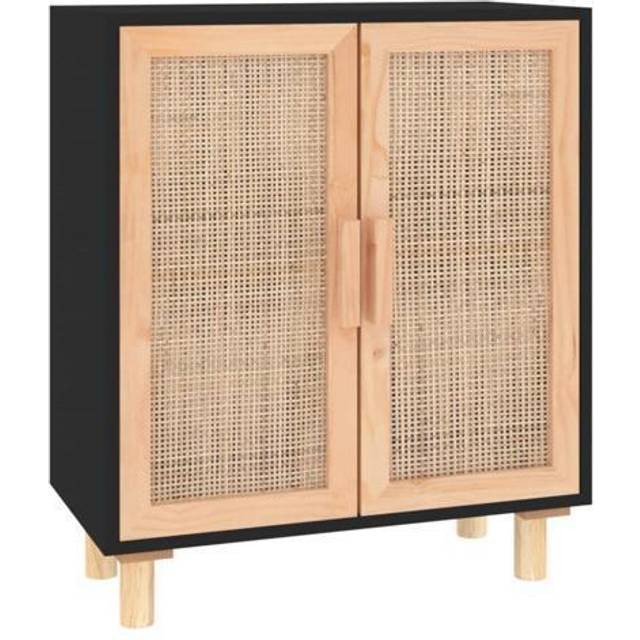 Skänk svart 60x30x70 cm massiv furu och naturlig rotting