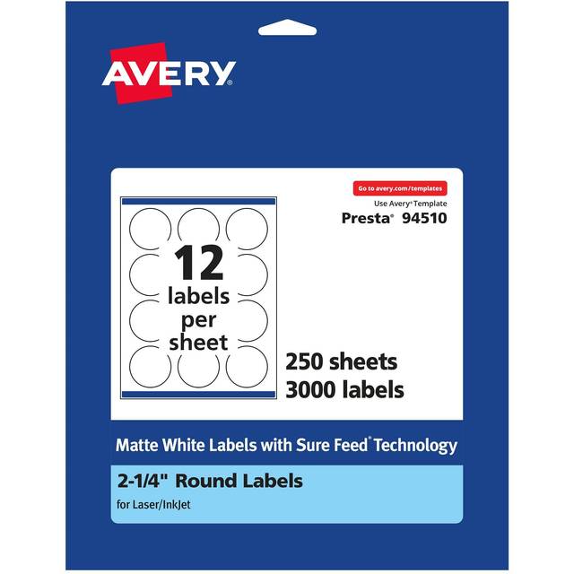 "Avery Matte White Round Labels with Sure Feed  2.25"""""""" Diameter  3 000 Matte White Printable Labels"