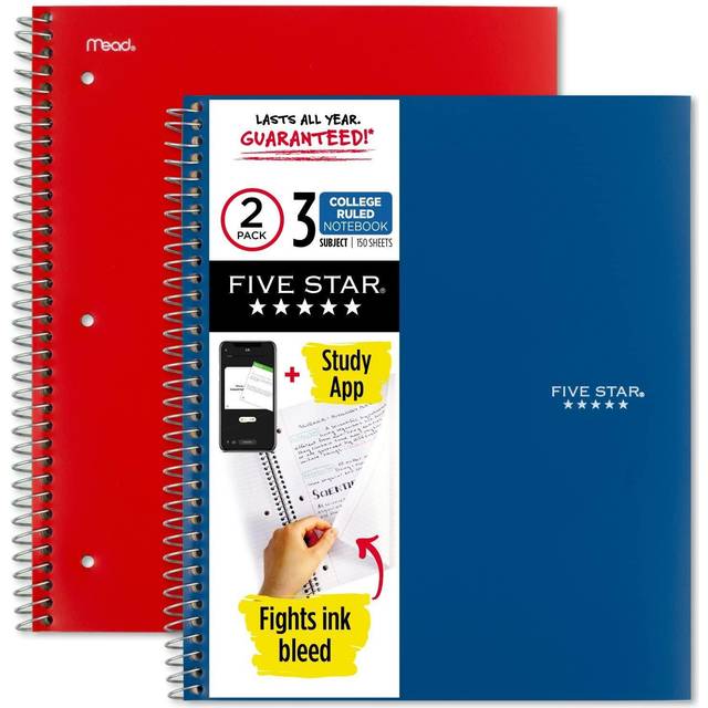"Spiral Notebooks Plus Study App, 2 Pack, 3 Subject, College Ruled Paper, 11"" x 8-1/2"", 150 Sheets, Blue & Red (38502)"