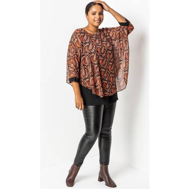 Roman Curve Womens Paisley Print Chiffon Top - Orange - Size UK 30-32