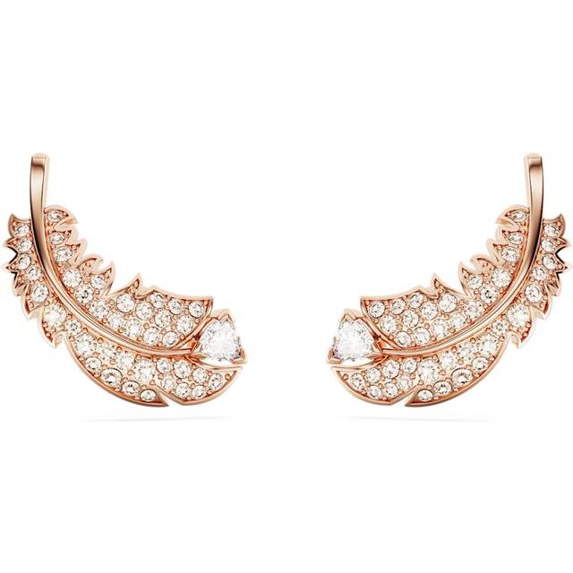 Nice stud earrings, Feather, White, Rose gold-tone plated