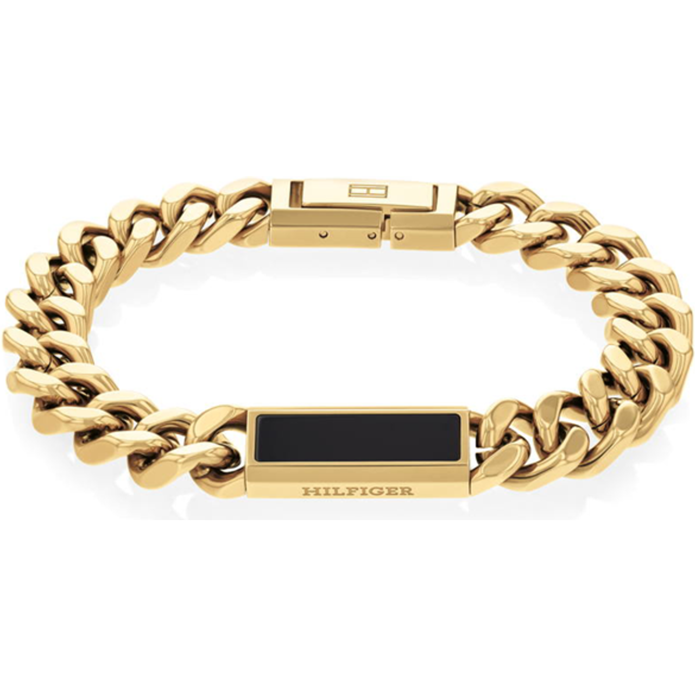 Tommy Hilfiger Men's Oynx Gold Plated Curb Chain Bracelet