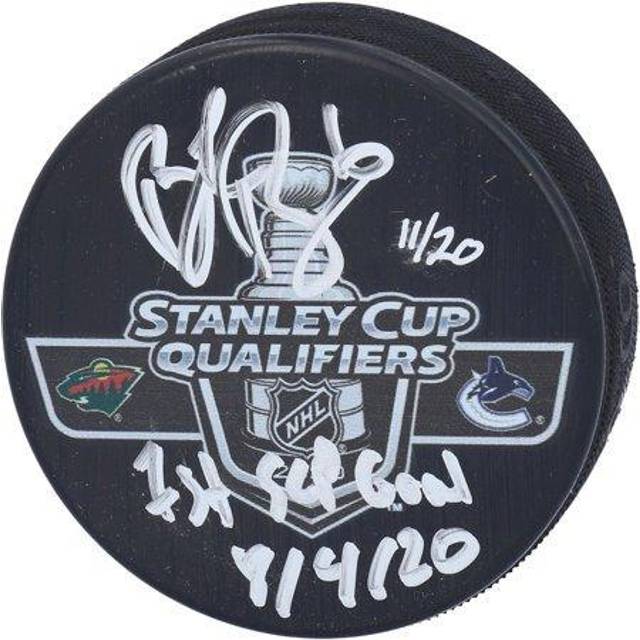 Brock Boeser Vancouver Canucks Autographed 2020 Stanley Cup Qualifiers vs. Minnesota Wild Match-Up Puck with "1st SCP Goal 8/4/20" Inscription- Limited Edition of 20