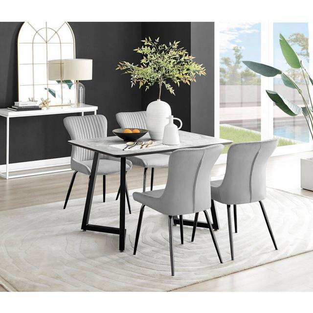 Carson White Marble Effect Dining Table and 4 Nora Black Leg Chairs - Light Grey