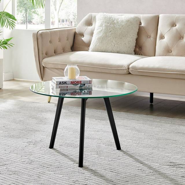 FurnitureboxUK Malmo Beech Wood Scandi Inspired Coffee Table With Round Tempered Glass Top & Wooden Legs in Black