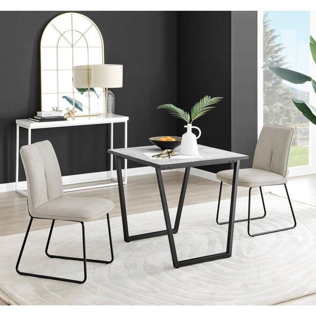 Carson White Marble Effect Square Dining Table and 2 Halle Chairs - Taupe - Yellow