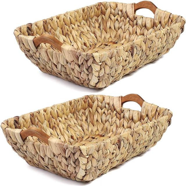 Juvale 2 Pack Water Hyacinth Storage Baskets with Handles  Decorative Wicker Organizers for Shelves  Bathroom (14.5 x 10.5 x 4 In)