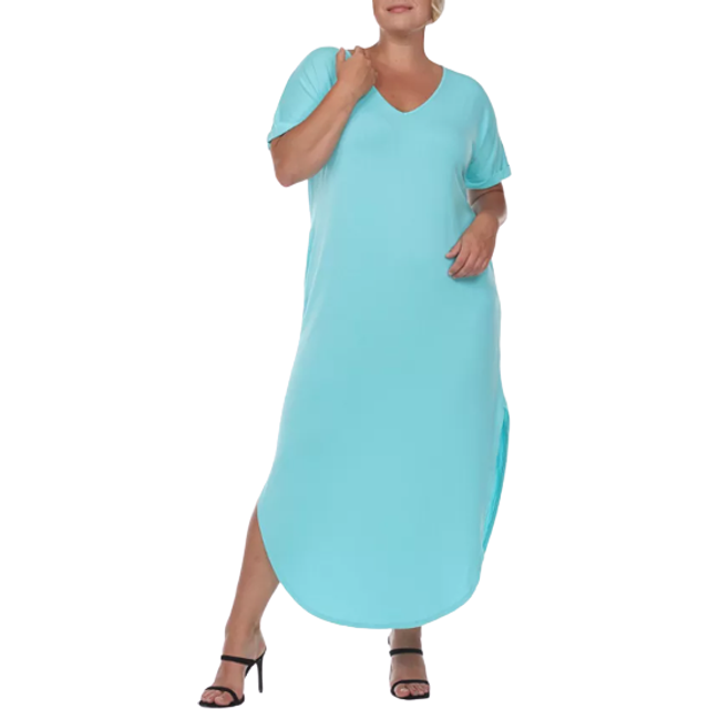 White Mark PS3009-05-3X Plus Size Short Sleeve V-Neck Maxi Dress, Blue - 3X