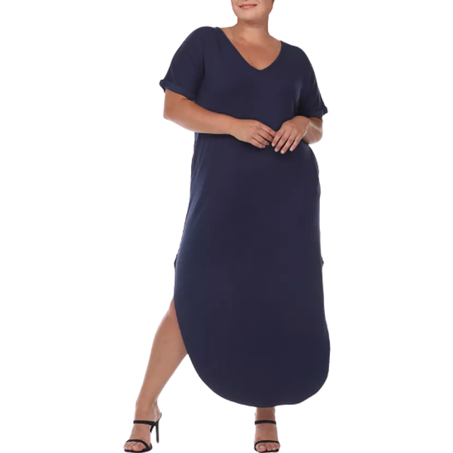 White Mark PS3009-02-1X Plus Size Short Sleeve V-Neck Maxi Dress, Navy - 1X