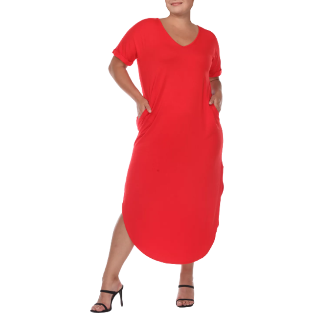 White Mark PS3009-04-1X Plus Size Short Sleeve V-Neck Maxi Dress, Red - 1X