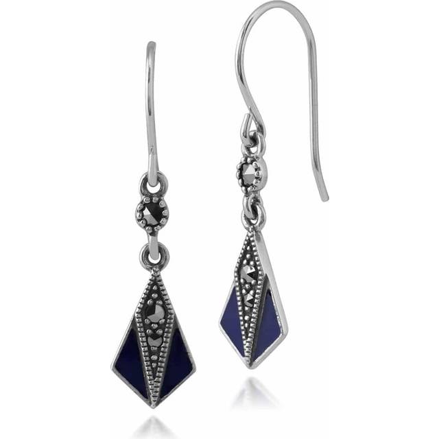 Art Deco Style Round Marcasite & Blue Enamel Fan Drop Earrings in 925 Sterling Silver
