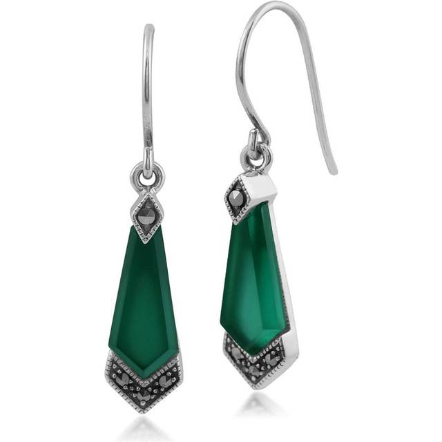 Art Deco Style Green Chalcedony & Marcasite Kite Drop Earrings in 925 Sterling Silver