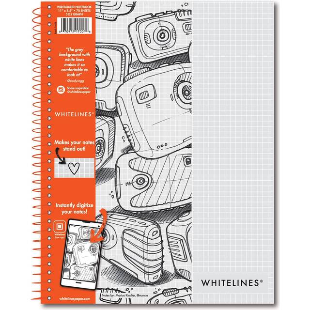 "Whitelines Wirebound Graph Notebook 11""X8.5"" 70 Sheets-Grey"