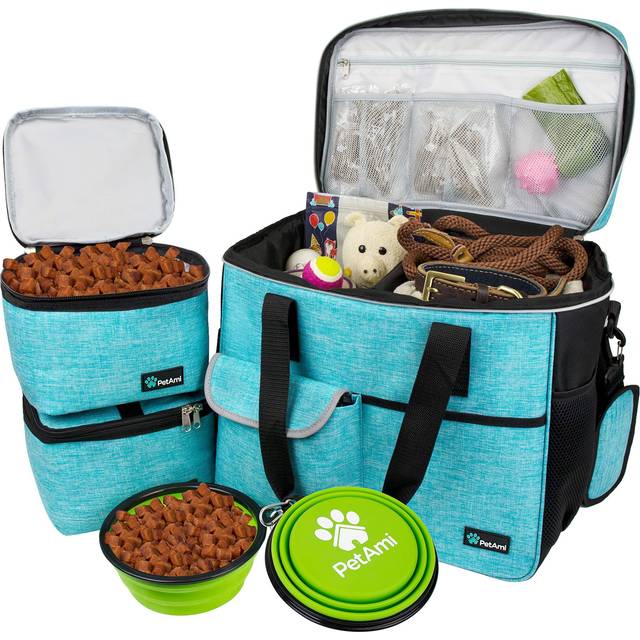 PetAmi Travel Bag Organizer - Dog & Cat Diaper Bag with Food Container and Bowls  Perfect for Weekend Camping (Sea Blue  Large)