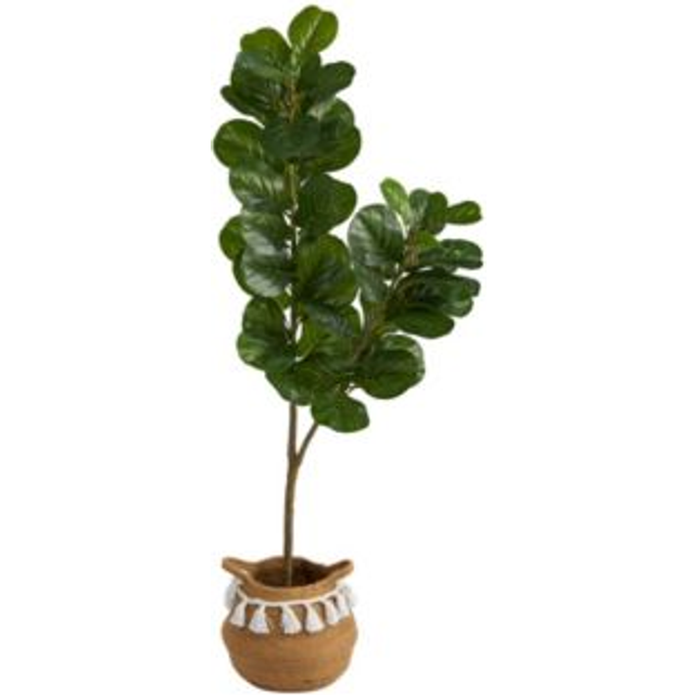 4.5 Fiddle Leaf Fig Artificial Tree with Boho Chic Handmade Natural Cotton Woven Planter with Tassels