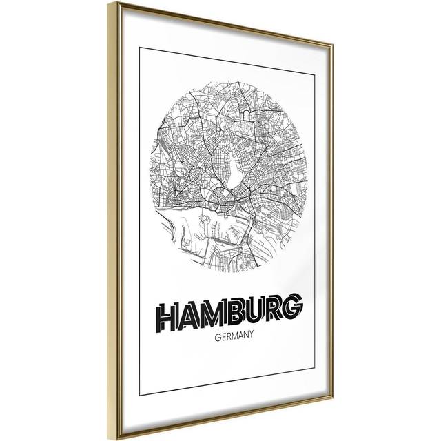 Inramad Poster / Tavla - City Map: Hamburg (Round) - 30x45 Guldram