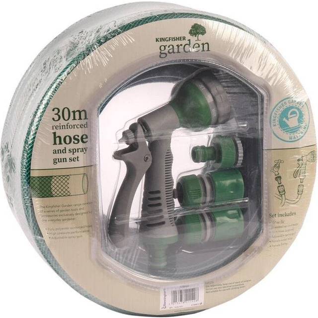 30m Reinforced Green Garden Hose Pipe / Hosepipe and Spray Gun Set