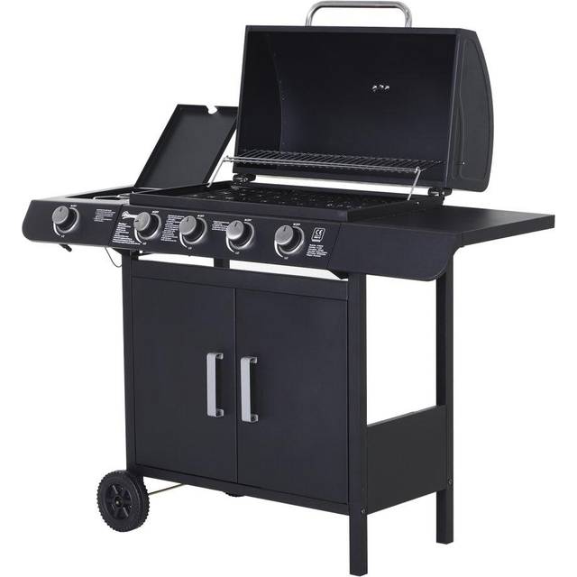 Outsunny 4+1 Gas Burner Grill BBQ Trolley Backyard Garden Smoker Side Burner Barbecue w/ Storage Side Table Wheels | TJ Hughes