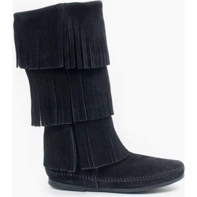 Minnetonka Women's 3-Layer Fringe Boot Black 7 M US