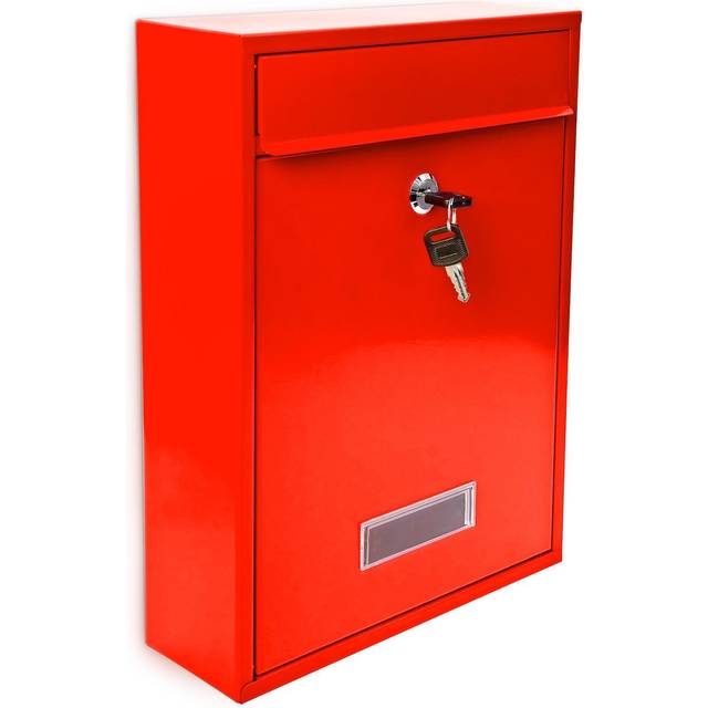 Relaxdays - Mailbox / Letterbox made of Metal, Hinged Lid with a Name Plate + 2 Keys, HxWxD: 26.5 x 35 x 8.5 cm, Red