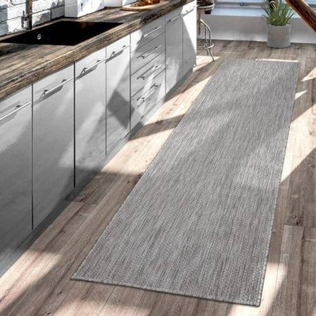 Paco Home Matta Utomhus Balkong Terrass Köksmatta Enfärgad Melerat Mönster, Storlek:80x250 cm, Färg:Grå