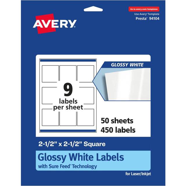 "Avery Glossy White Square Labels with Sure Feed  2.5"""""""" x 2.5""""""""  450 Glossy White Labels  Permanent Label Adhesive  Laser/Inkjet Printable Labels"