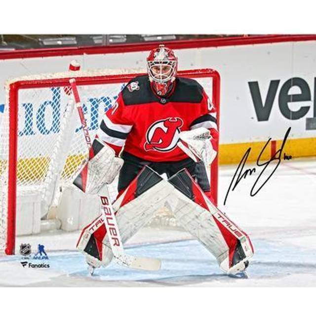 Akira Schmid New Jersey Devils Autographed 8" x 10" Red Jersey in Net Photograph