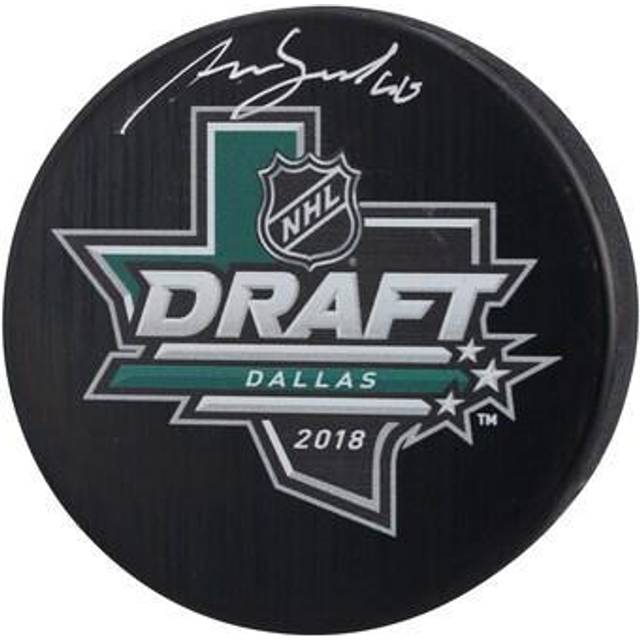 Akira Schmid New Jersey Devils Autographed 2018 Draft Logo Hockey Puck