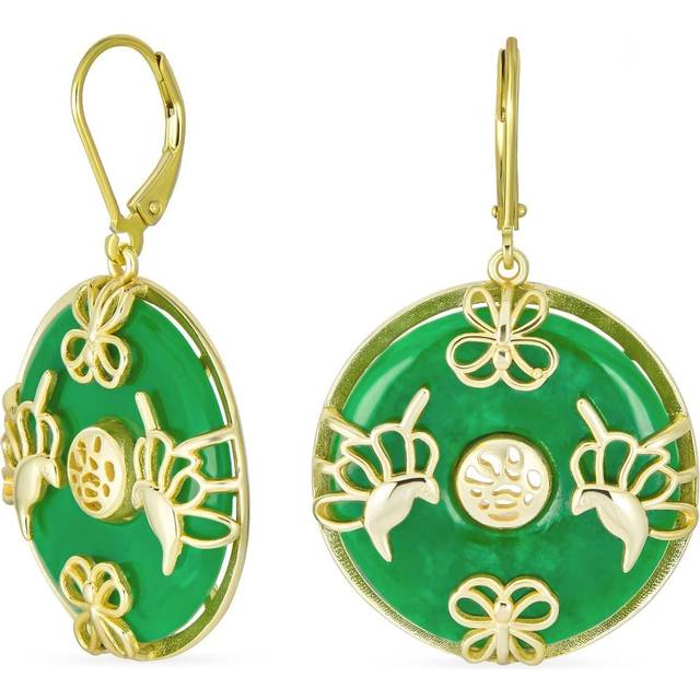 Asian Style Dangle Circle Round Donut Kichiryoku Jade Butterfly Disc Drop Statement Earrings for Women with 14K Gold Overlay Sterling Silver Lever green