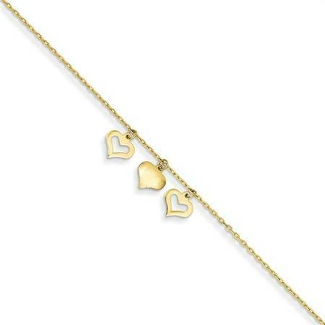 Quality Gold ANK233-10 14K Yellow Gold 3 Hearts with 1 in. Extension Anklet