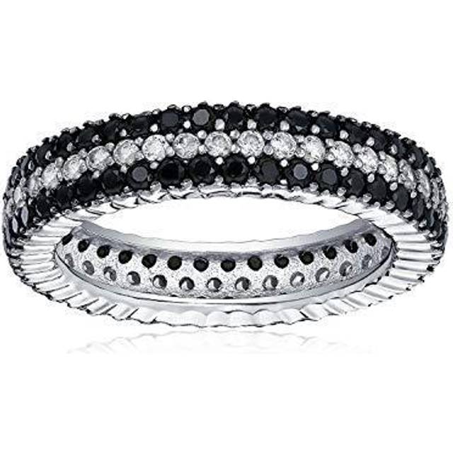 Pave Cubic Zirconia 2 Tone 3 Row Stripe AAA CZ Statement Black White Wedding Eternity Band Ring for Women Sterling Silver & .925