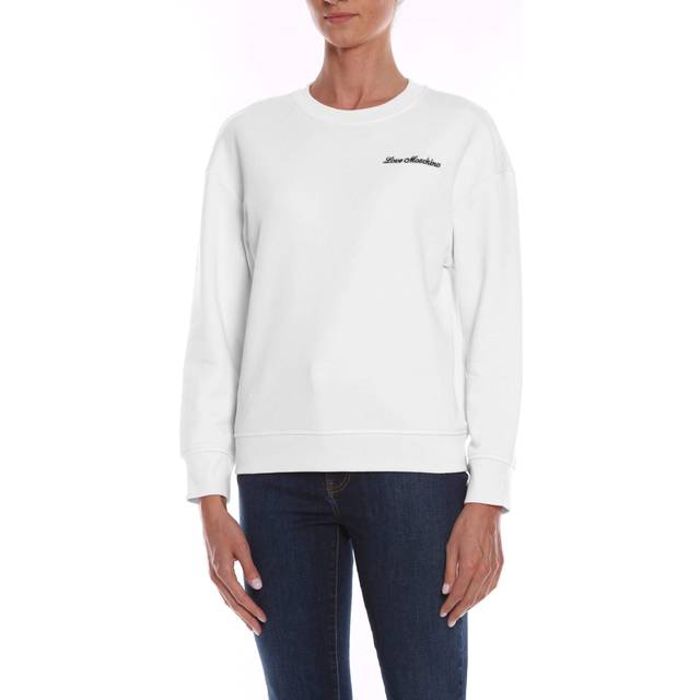 Womens Crewneck Cotton Sweatshirt with Heart Embroidery - White - 10