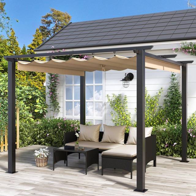 3x3M Outdoor Retractable Pergola with Canopy Patio Metal Shelter for Garden Lawn Patio - Beige - One Size