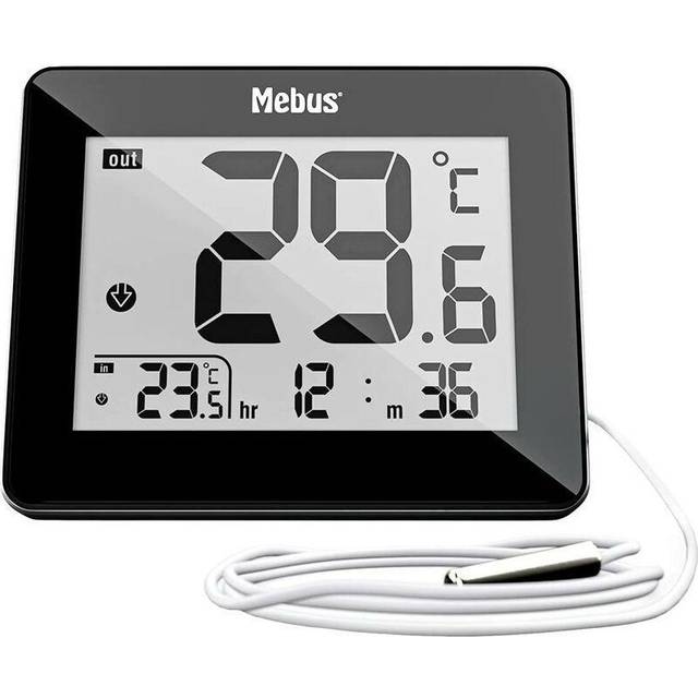 MEBUS digitales Thermometer Innen und Außen mit kabelgebundenem Außensensor, Uhrzeit, Min/Max-Werte, Farbe: Schwarz, Modell: 48432