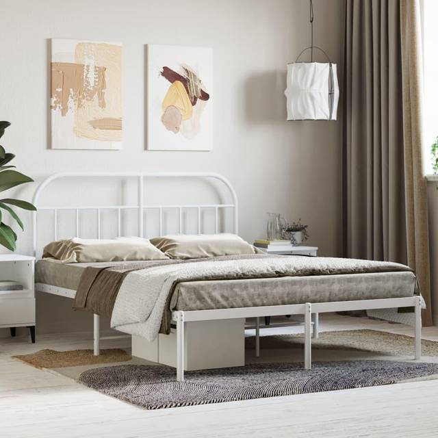 vidaXL Metal Bed Frame without Mattress with Headboard White 140x190cm